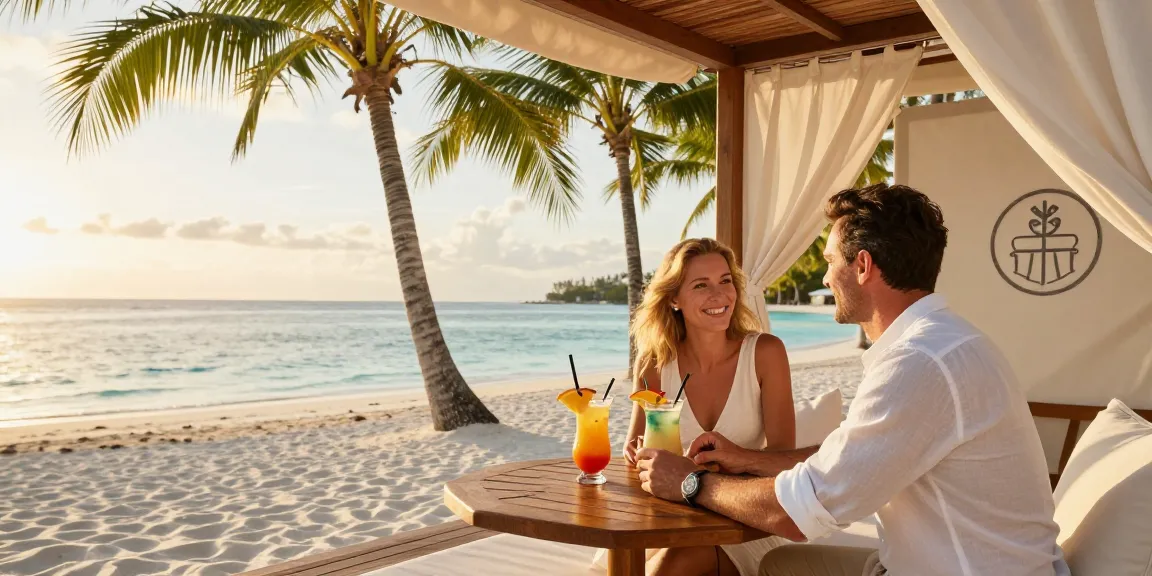 Pengalaman LUXURY 777 di resor mewah dengan pasangan menikmati cabana pribadi di pantai.