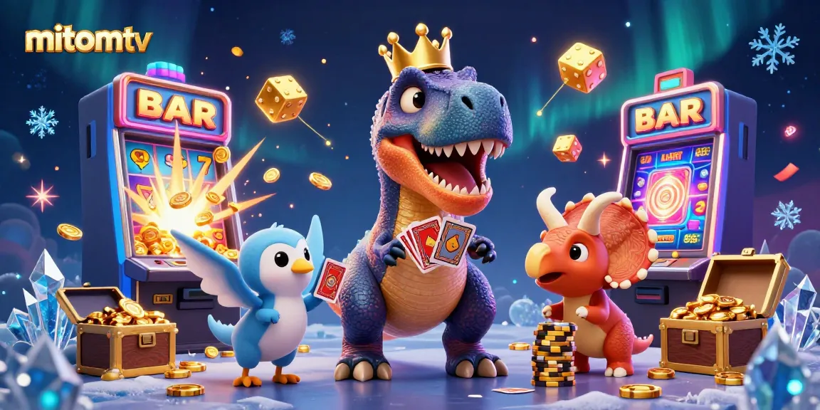 Experience thrilling gameplay with mitomtv featuring a fun T-Rex, chip stacking triceratops, and dazzling casino elements.