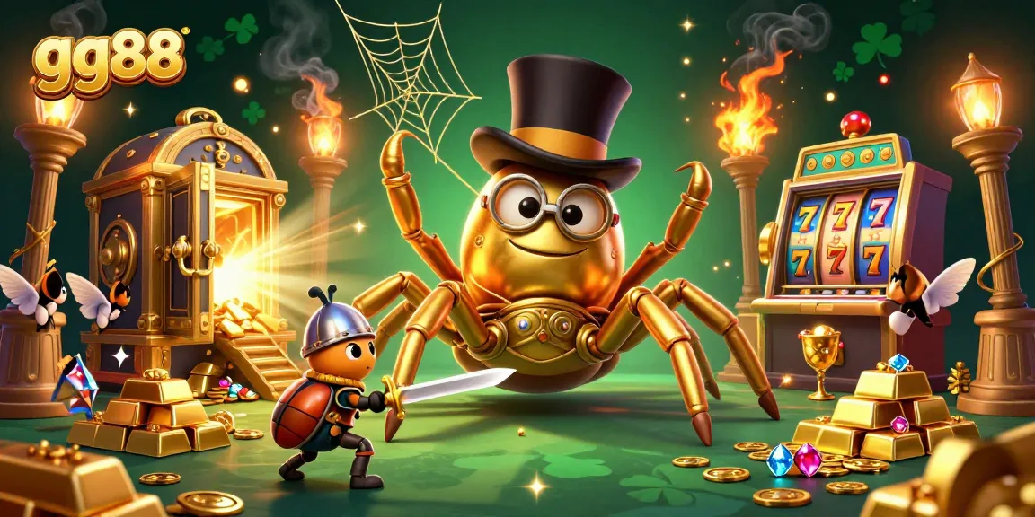 Experience the thrilling adventures at gg88, where a golden tarantula weaves its web in a vibrant casino setting.