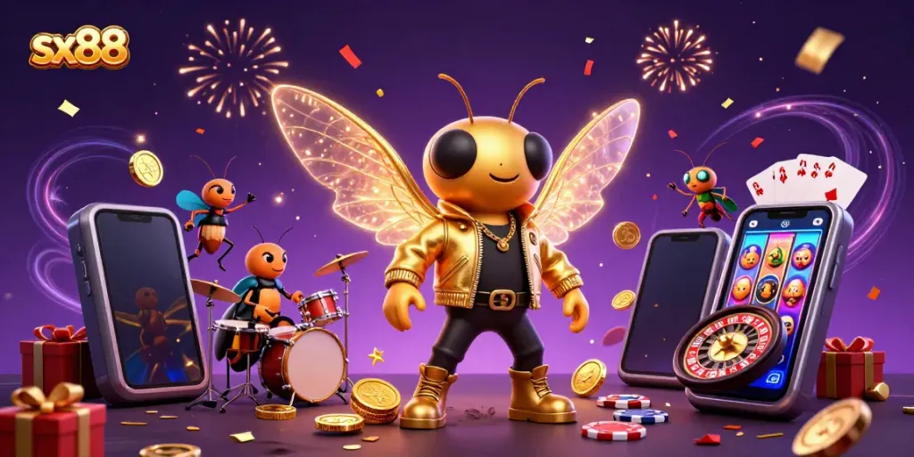 SX88: Experience the thrill of online gaming with a vibrant casino-themed illustration featuring a cicada rock star.