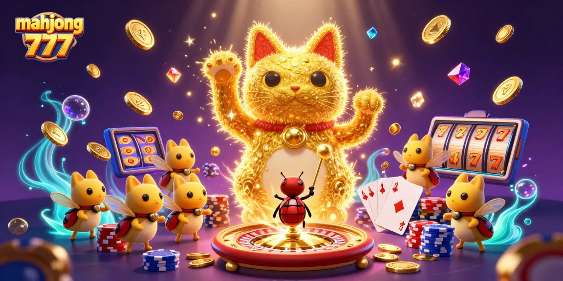 Engage in Mahjong 777 with a vibrant scene showcasing a lucky cat amidst casino symbols and sparkling rewards.