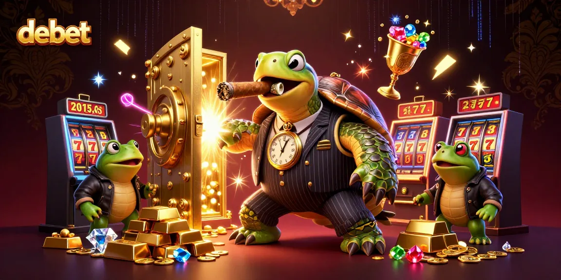 Debet's casino scene showcases a snapping turtle mobster amidst vibrant slot reels, radiating winning energy.