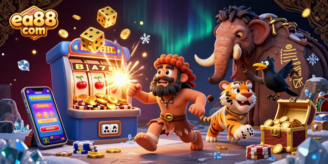 Experience thrilling wins at ea88 com with a dynamic casino scene featuring a caveman, tiger, and crow.