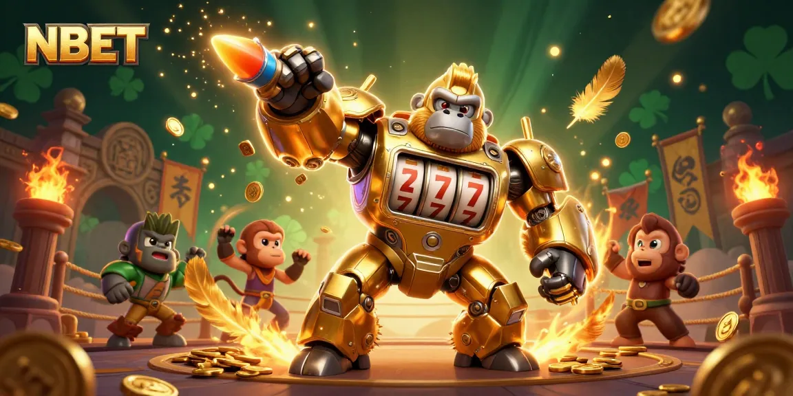 Experience thrilling action with NBET's golden gorilla mech amidst vibrant casino elements.