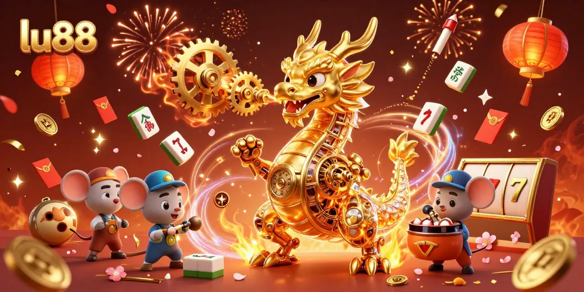 Experience the thrill of lu88 with a vibrant 3D casino illustration featuring dragons and gaming elements.