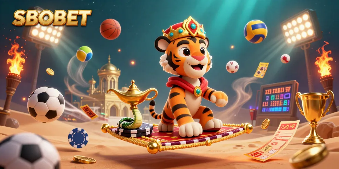 SBOBET sports betting action with vibrant 3D illustration featuring a tiger sultan, genie, sports balls, and dynamic casino elements.