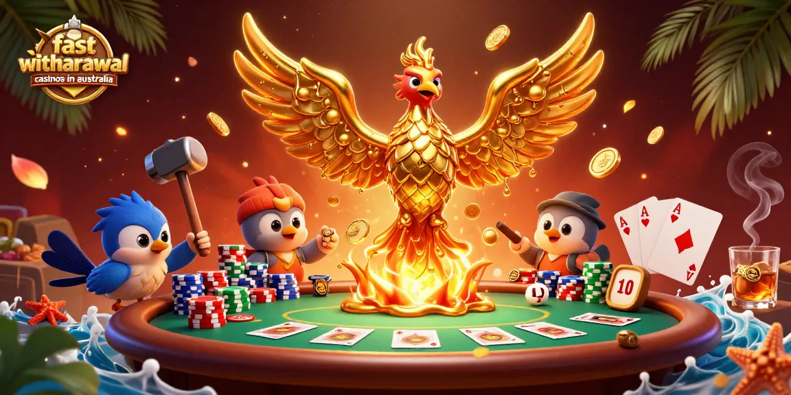 Experience fast withdrawal casinos in Australia with a golden phoenix, poker elements, and vibrant details.
