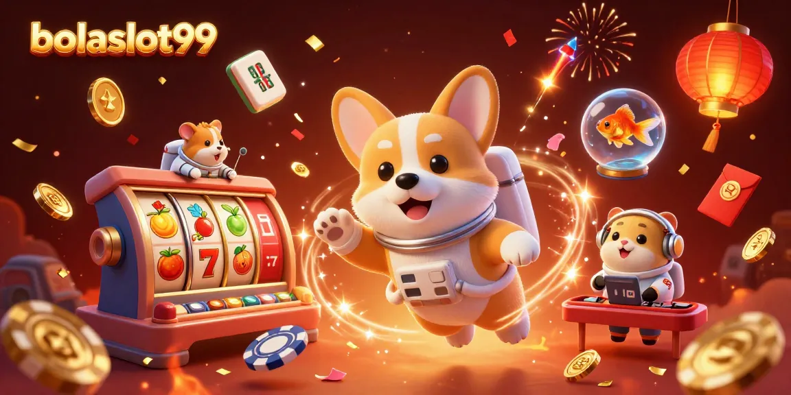 Bolaslot99 enhances gaming excitement with cartoon astronauts, slot reels, and festive casino elements.