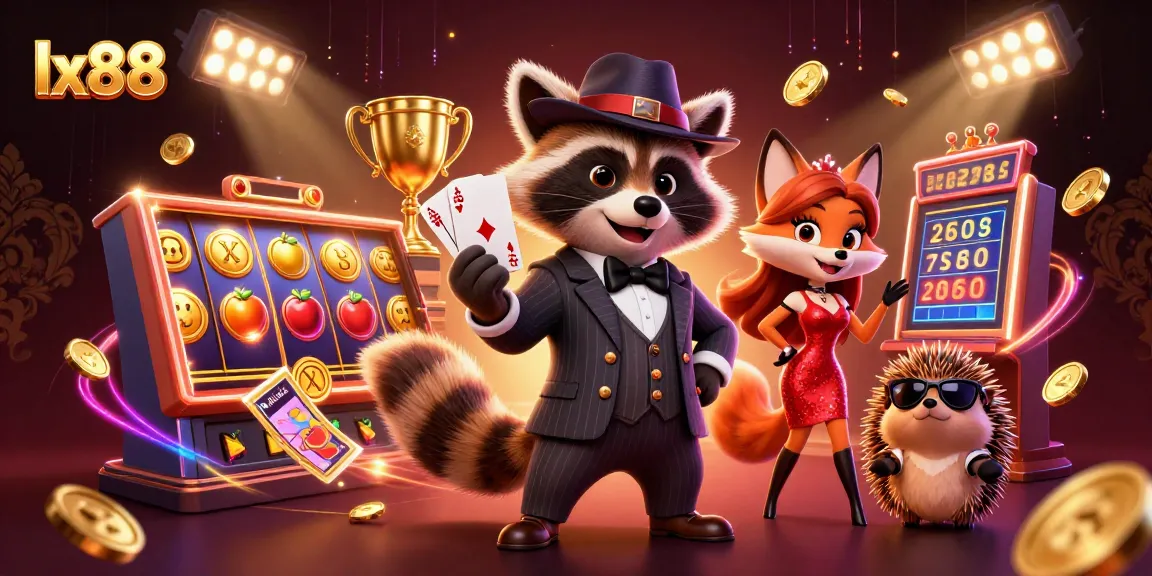 Experience the excitement of lx88 with raccoon, fox, and hedgehog at a vibrant casino scene.