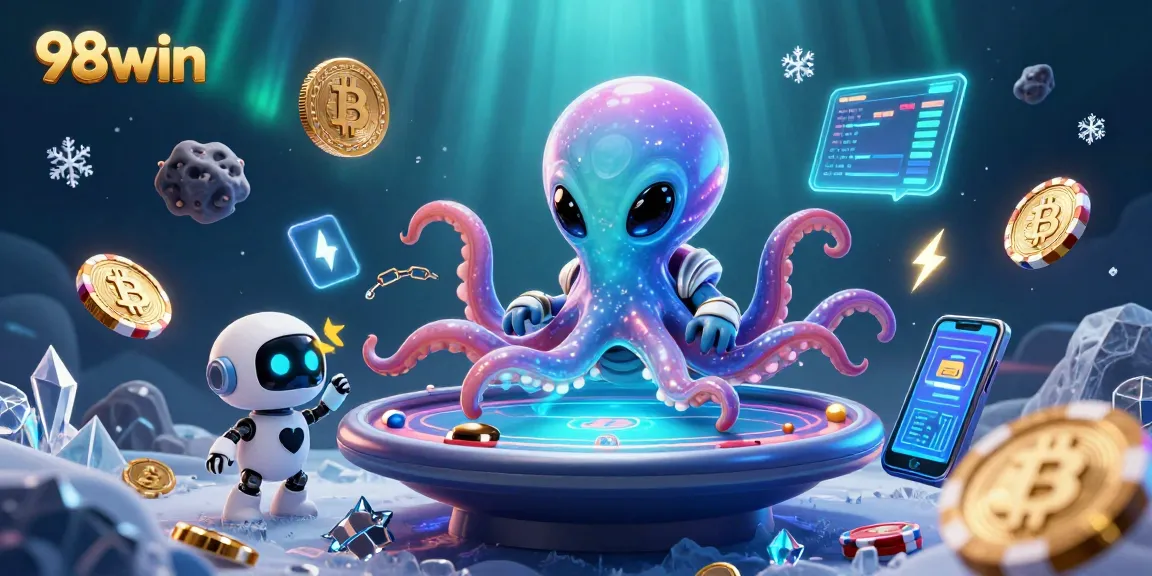 Engage in thrilling poker with 98win featuring a cosmic octopus at a holographic table.