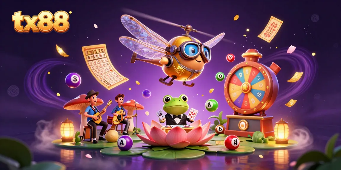 Engage with tx88's lively casino scene featuring dynamic lottery elements and animated characters.