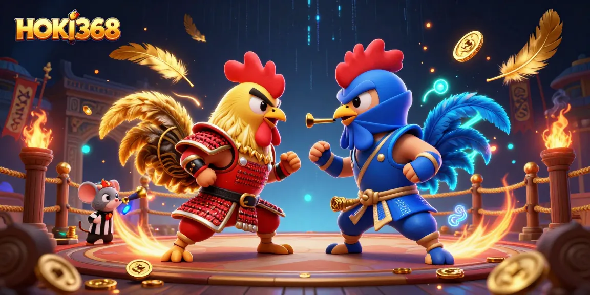 Watch HOKI368's roosters battle in a dynamic casino-themed 3D illustration filled with excitement.