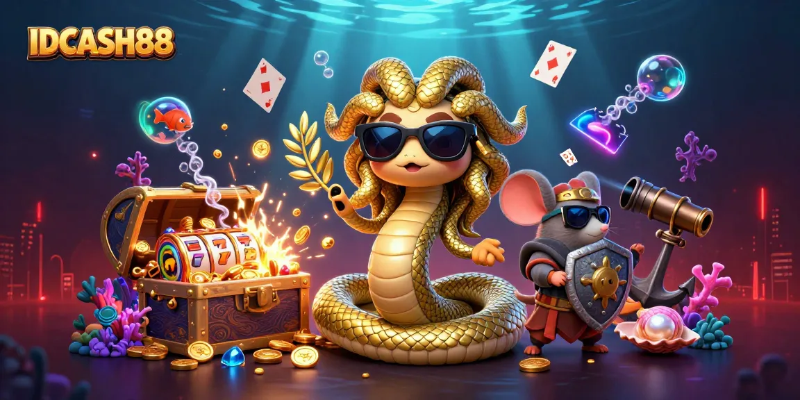 Experience the thrill of IDCASH88 with playful Medusa and a warrior mouse in a vibrant casino scene.