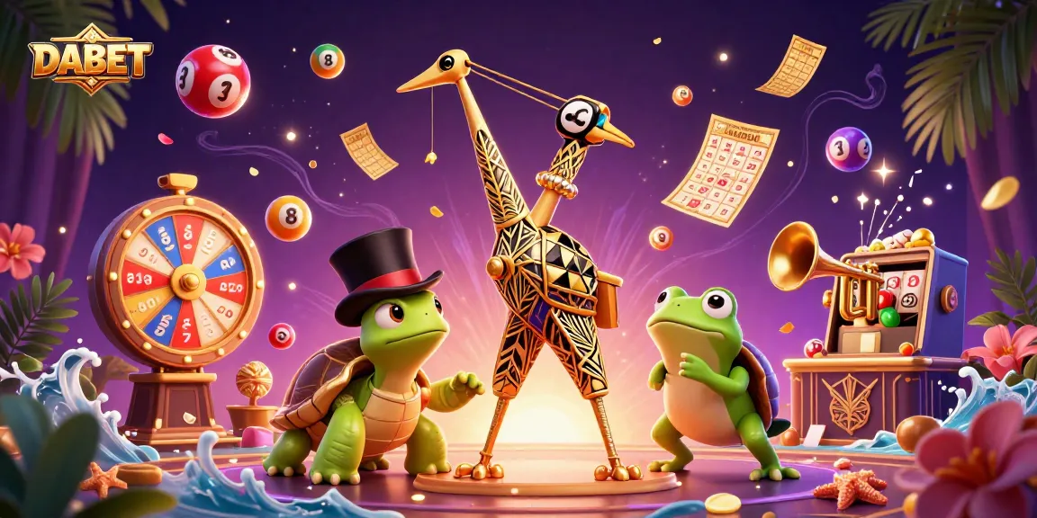 DABET showcases vibrant lottery dynamics with a flapper crane, turtle bartender, and lively frog in a festive casino scene.