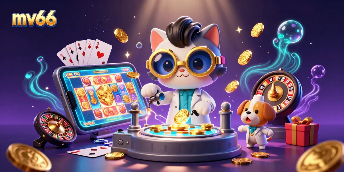 Immerse in the excitement of mv66 with a dynamic scene depicting a mad scientist cat creating gold coins in a vibrant casino world.