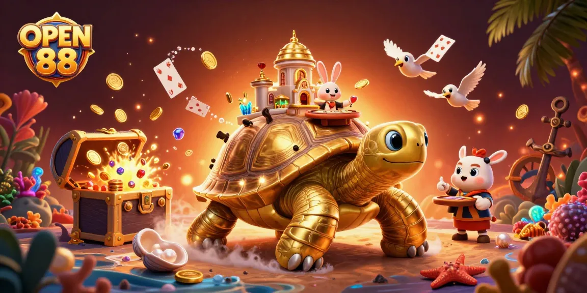 Experience the excitement of OPEN 88 with a lively 3D casino scene featuring a golden tortoise and more!