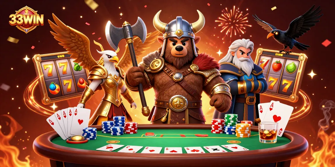33WIN immerses players in a dynamic casino adventure with Viking characters and vibrant slot elements.