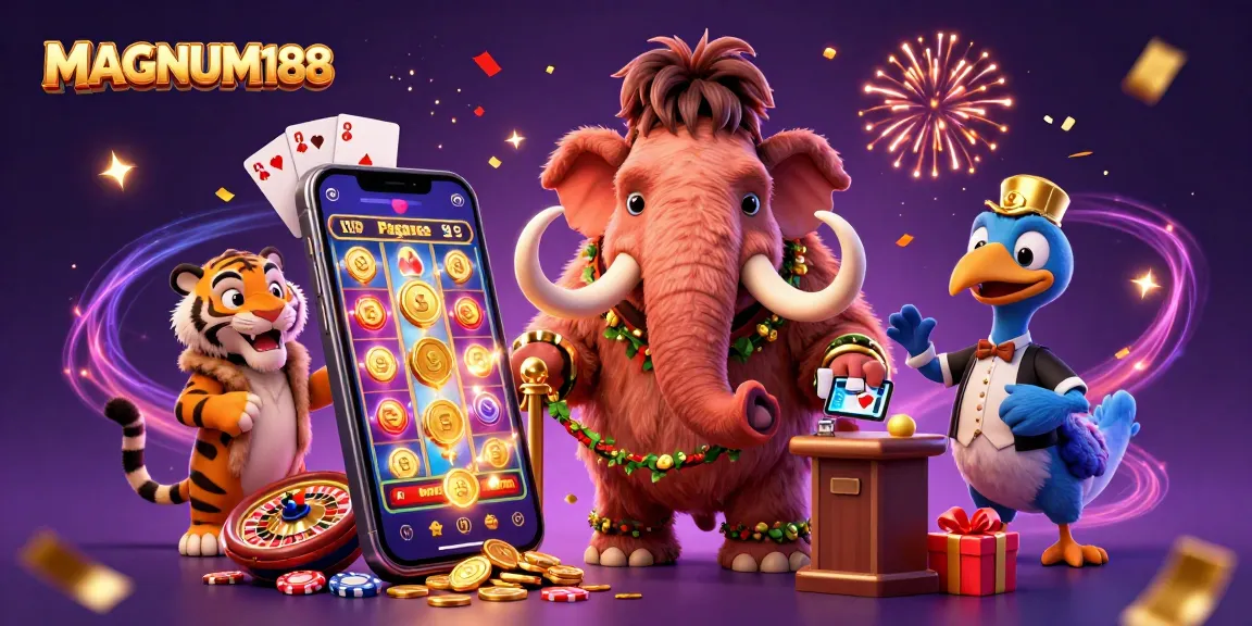 Experience the excitement of MAGNUM188 with a vibrant 3D casino scene showcasing unique characters and dynamic gaming elements.