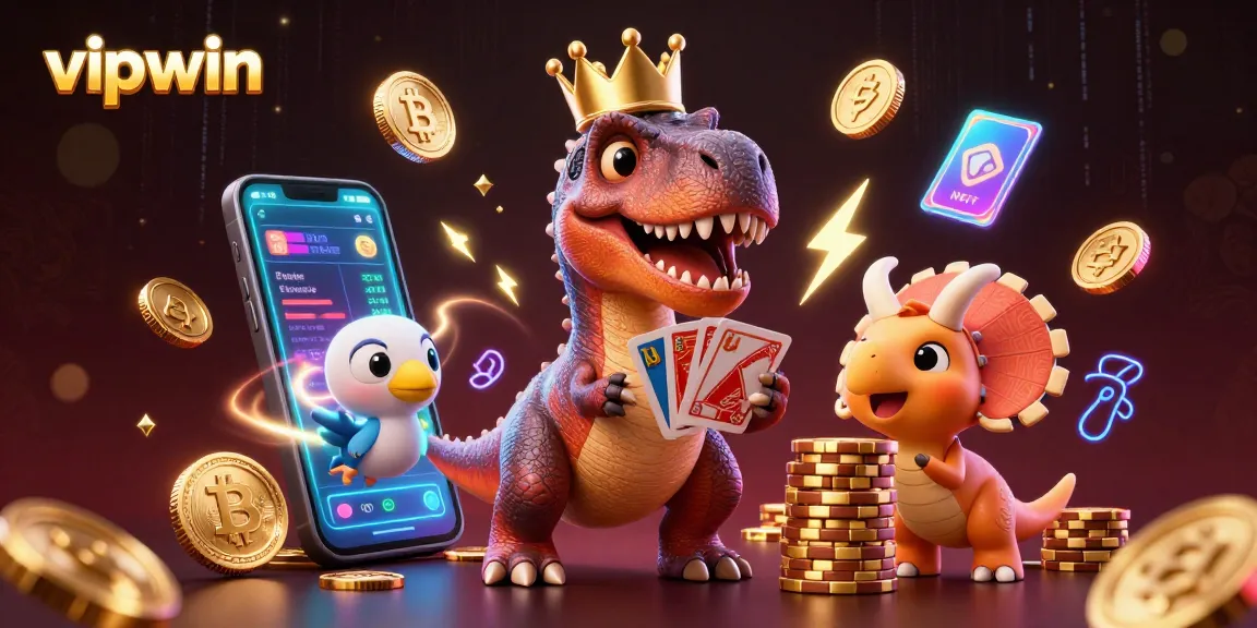 Experience thrills with vipwin's playful T-Rex card shuffling in a vibrant casino scene.